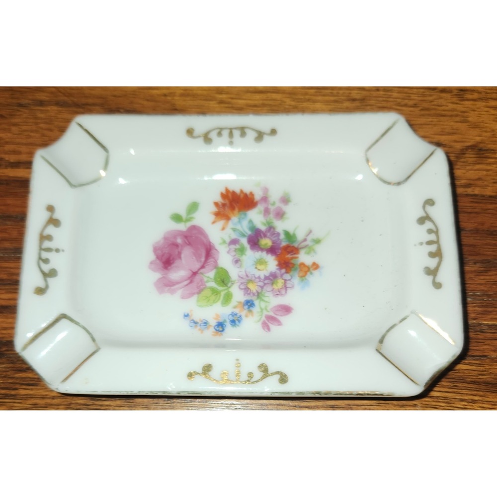 Vintage Made in Japan Porcelain Mini Ashtray Floral Rose Gold Trim Trinket Dish